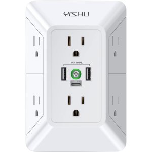 YISHU 3 Sided Power Strip with 6 AC Outlet Extender