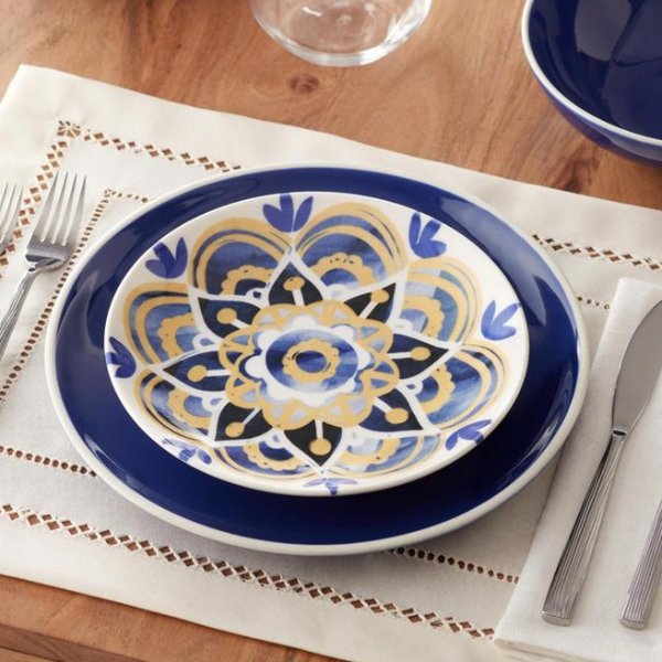 Lisbon 4-Piece Twilight Blue and Mustard Yellow Salad Plate Set (Service for 4)