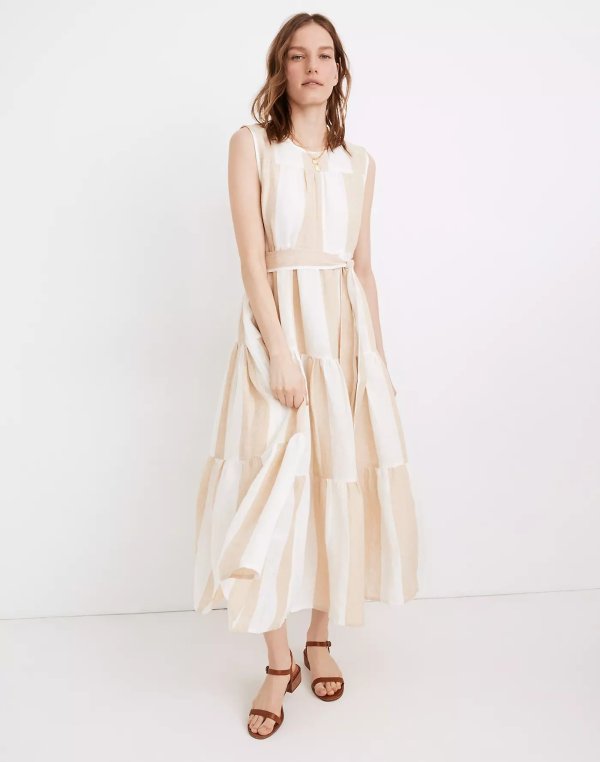 x LAUDE the Label Organic Linen Tiered Maxi Dress in Tulum Stripe