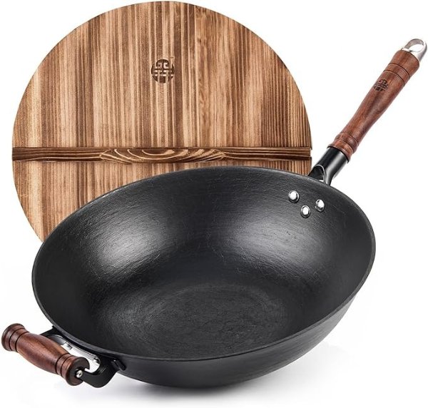 WANGYUANJI Cast Iron Wok Pan 13.4" Hand Hammered Iron Woks with Wooden Handle and Lid