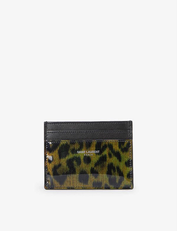 Brand-debossed leopard-print leather card holder