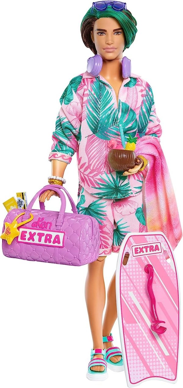 Extra Fly Ken Doll with Beach-Themed Travel Clothes & Accessories, Tropical Outfit with Boogie Board & Duffel Bag