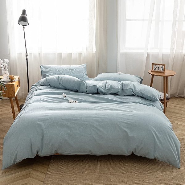 TWO3-Piece Duvet Cover Queen,100% Washed Cotton Duvet Cover,Ultra Soft and Easy Care,Simple Style Bedding Set (Queen, Light Blue)