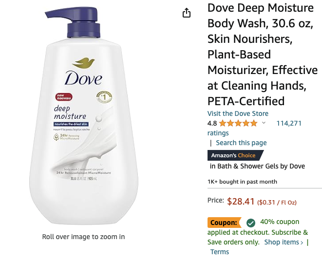 Amazon.com: Dove Body Wash with Pump 额外6折。30.6 oz (Pack of 3)
