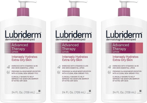 Lubriderm Advanced Therapy 保湿乳液，含维生素 E 和 B5，深层补水，适合超干性皮肤，不油腻配方，24 液量盎司（约680.39g），3 包