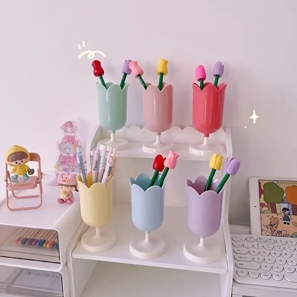 1pc Romantic Flower Petal Pen Holder Tulip Makeup Brush Holder Desktop Storage Decoration Student Pen Holder Ornament | Shop The Latest Trends | Temu