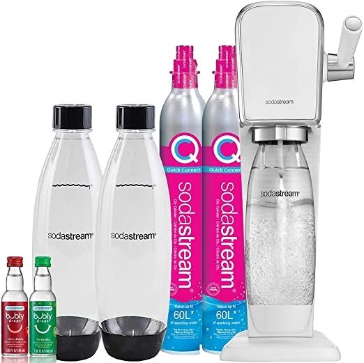 Art Sparkling Water Maker Bundle (White), with CO2, DWS Bottles, and Bubly Drops Flavors