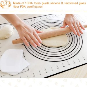 Silicone Baking Mat, Rolling Pin and 2 Pieces Scraper Set, 16"x24"