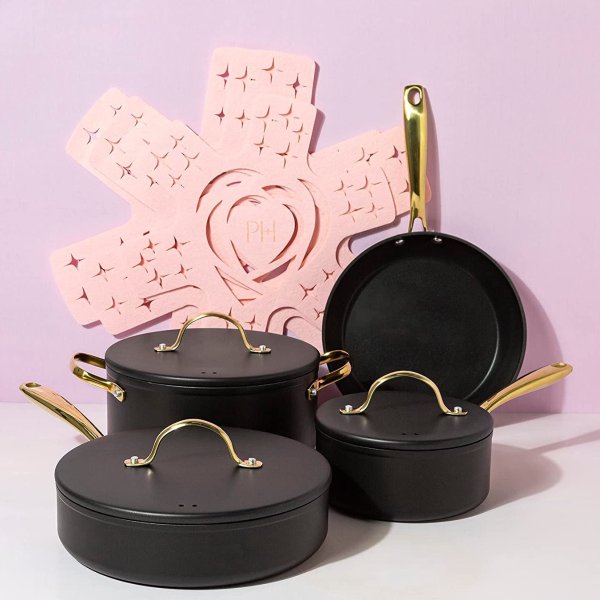 Paris Hilton Iconic Nonstick Pots and Pans Set, Multi-layer Nonstick Coating, Matching Lids With Gold Handles, Made without PFOA, Dishwasher Safe Cookware Set, 10-Piece, Black