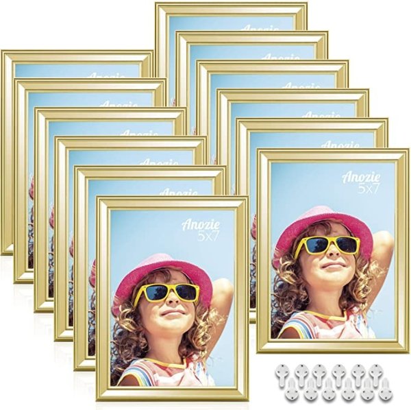 Anozie 5X7 Picture Frames(12 Pack,Gold) Simple Line Moulding Photo Frame Set with HD Real Glass for Tabletop or Wall Mount Display, Minimalist Collection (Gold, 5X7)