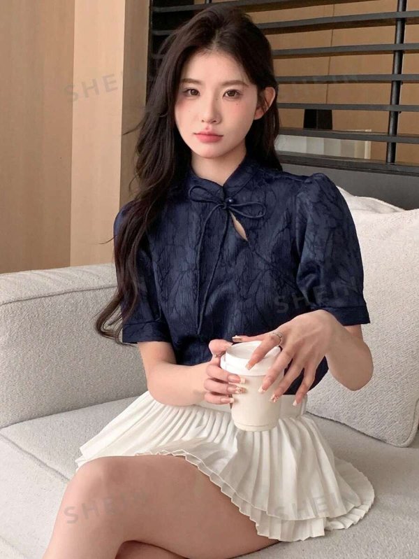 Dazy Star Women's Mandarin Collar Short Sleeve Shirt With Traditional Chinese Qipao Dress Design