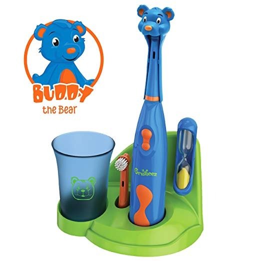 Children's Electronic Toothbrush Set – Includes Battery-Powered Toothbrush, 2 Brush Heads, Cute Animal Head Cover, 2-Minute Sand Timer, Rinse Cup, and Storage Base - Buddy the Bear