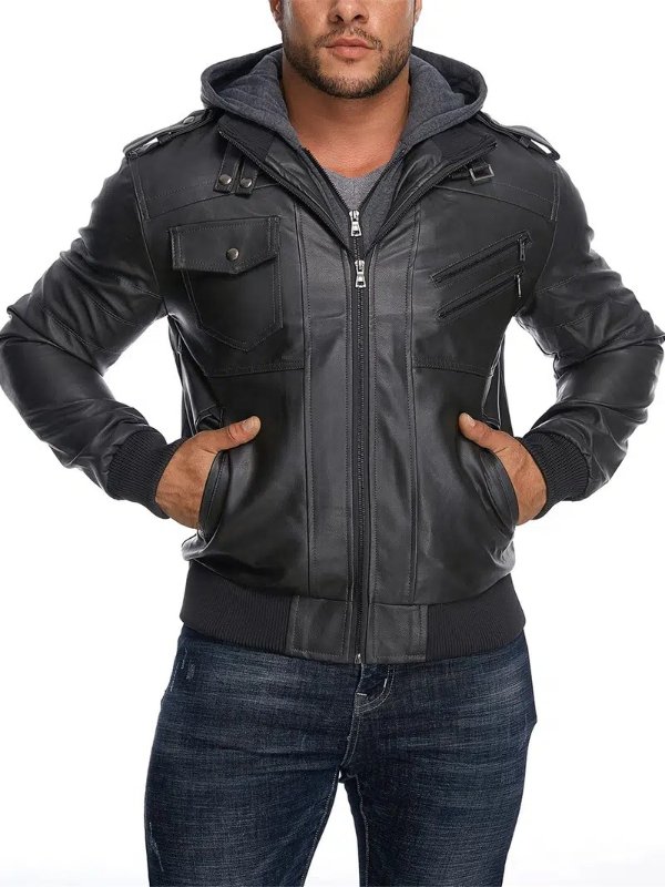 Men's Solid Color Hooded Leather Jacket