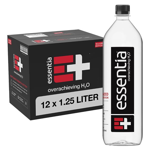 1.25 Liter, Pack of 12 Bottles; 99.9% Pure, Infused with Electrolytes for a Smooth Taste, pH 9.5 or Higher; Ionized Alkaline Water, Black