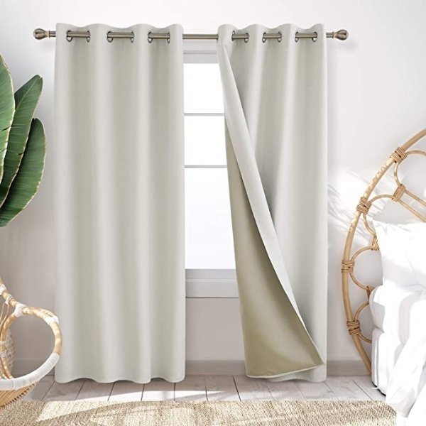 Thermal Curtains Room Darkening Yarn Dyed Straw Mats Bonding Total Blackout Curtains with Grommet for Bedroom Dining Room 52x90 Inch Cream 2 Panels
