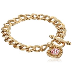 1928 Jewelry "Hearts”"14k Gold-Dipped Toggle Charm Bracelet with Pink Swarovski Crystals