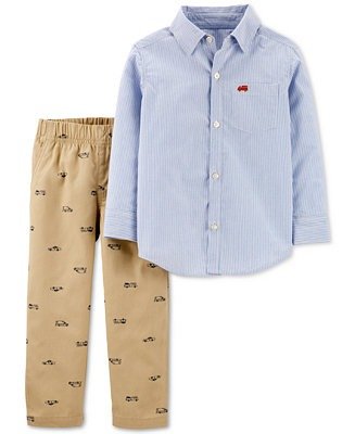 Baby Boys 2-Pc. Cotton Striped Button-Front Top & Hero Vehicle-Print Pants Set