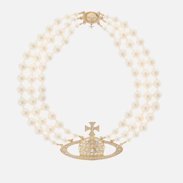 Bas Relief Gold-Tone and Faux Pearl Choker