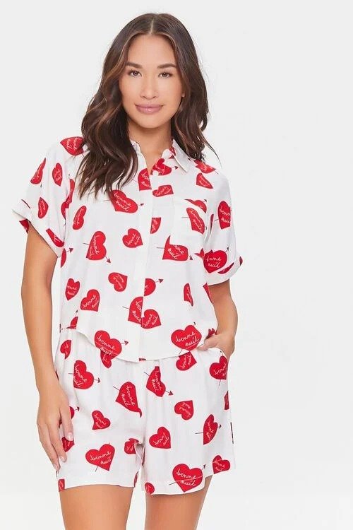 Heart Print Shirt & Short Pajama Set