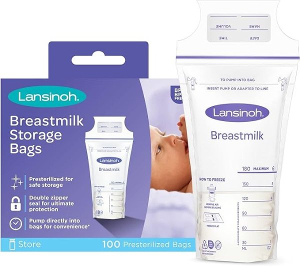 Breastmilk Storage Bags, 100 Count, 6 Ounce, Easy to Use Milk Storage Bags for Breastfeeding, Presterilized, Hygienically Doubled-Sealed, for Refrigeration and Freezing