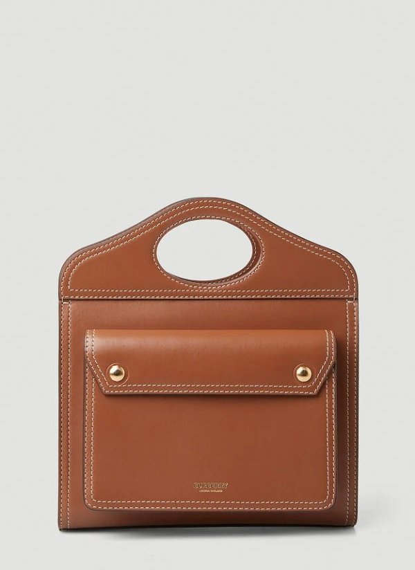 Topstitched Pocket Handbag in Brown