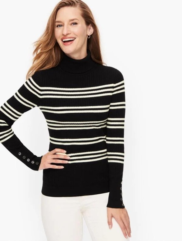 Button Cuff Ribbed Turtleneck Sweater - Stripe