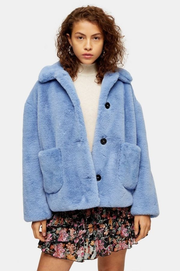 Blue Cropped Faux Fur Coat