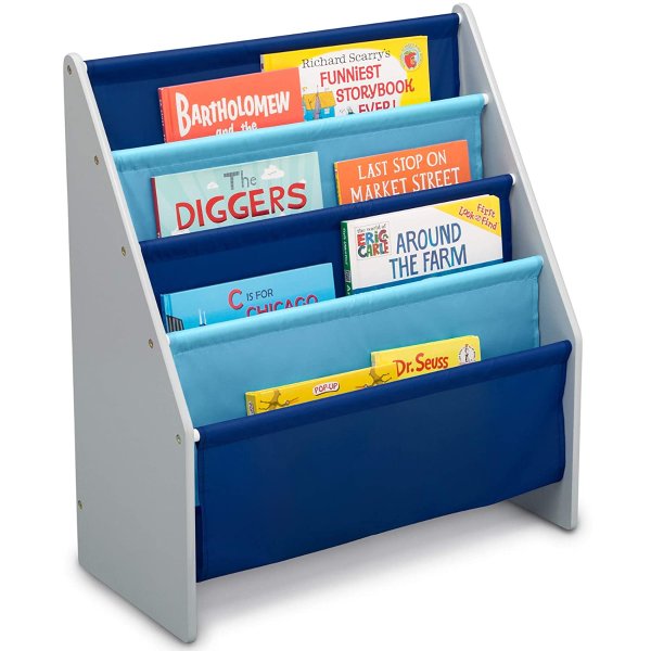 Sling Book Rack Bookshelf for Kids - Easy-to-Reach Storage for Books, Magazines or Coloring Books - Ideal for Playrooms & Homeschooling, Grey/Blue