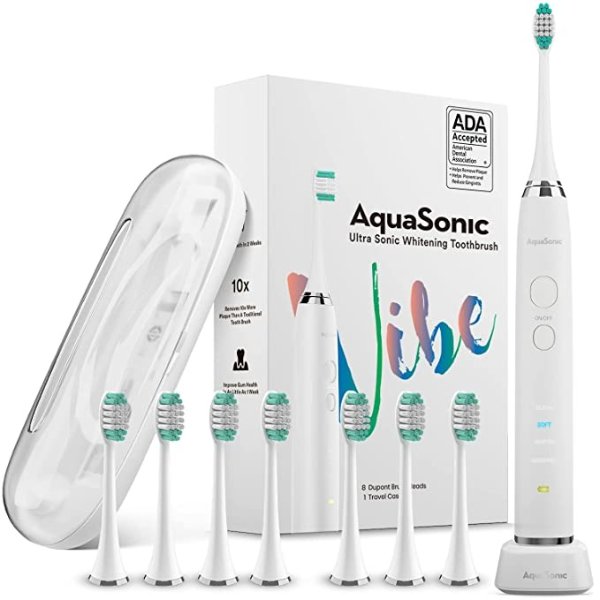 Vibe Series Ultra Whitening Toothbrush – ADA Accepted Electric Toothbrush - 8 Brush Heads & Travel Case - Ultra Sonic Motor & Wireless Charging - 4 Modes w Smart Timer – Satin Optic White