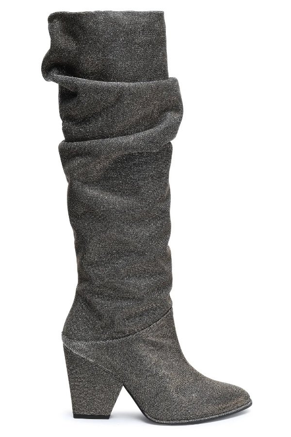 Ruched glittered stretch-knit knee boots
