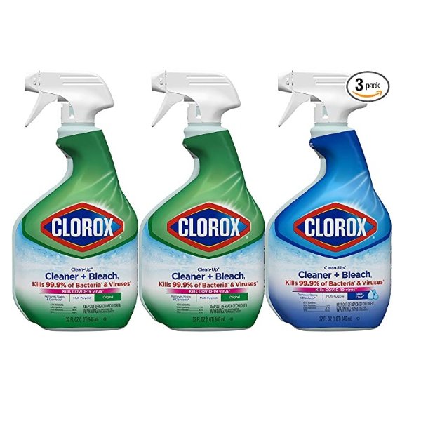 Clean-Up Cleaner + Bleach Value Pack, 3 Disinfectant and Cleaning Sprays, Kitchen and Bathroom Cleaning, Rain Clean and Original Scent, 32 Ounces (Pack of 3)