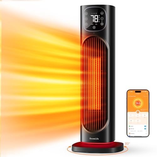 24" Space Heater, 80° Oscillating Smart Electric Heater with Thermostat, WiFi APP & Voice Control, 4 Mode, 24H Timer, Night Light, 1500W Tower Ceramic Heater for Indoor Use, Large Room