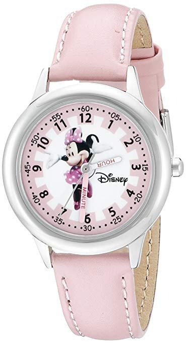 Kids' W000038 Minnie Mouse Time Teacher Stainless Steel Watch with Pink Leather Band