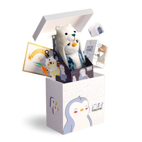 s White Celebrity Box, with Bundle of Penguin Figures and Plush Inside