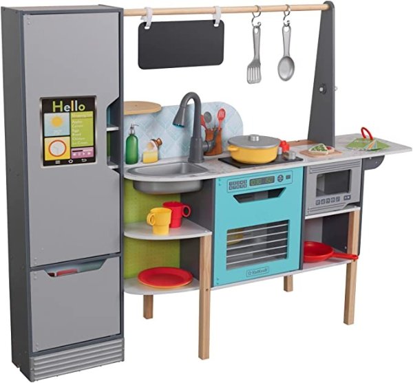 Alexa-Enabled 2-in-1 Wooden Kitchen & Market with Lights and Sounds, Interactive Foods and Games Plus 105 Accessories, Gift for Ages 3+, Amazon Exclusive