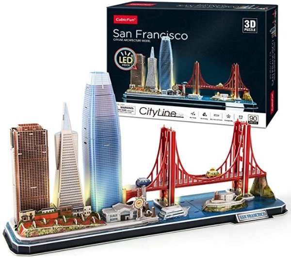 3D Puzzles for Adults Kids LED San Francisco Cityline Collection Model Kits, Lighting Architecture Toys Gifts for Women Men, Golden Gate Bridge, 555 California Street and Other SF Landmarks