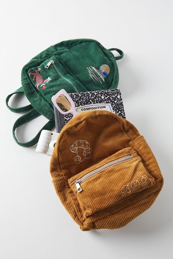 Embroidered Mini Corduroy Backpack