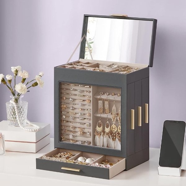 Jewelry Box with Glass Window, 5-Layer Jewelry Organizer with 3 Side Drawers