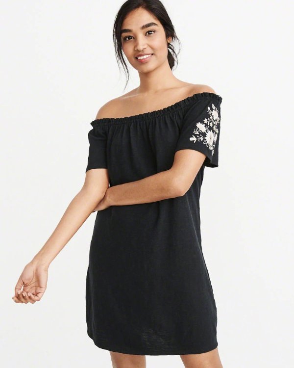 Womens Off-The-Shoulder Embroidered Dress | Womens Dresses & Rompers | Abercrombie.com