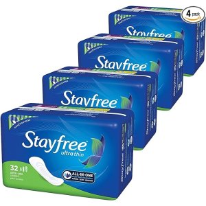 StayfreeUltra Thin Pads for Women, Super Long, Wingless, 32 Count - Pack of 4