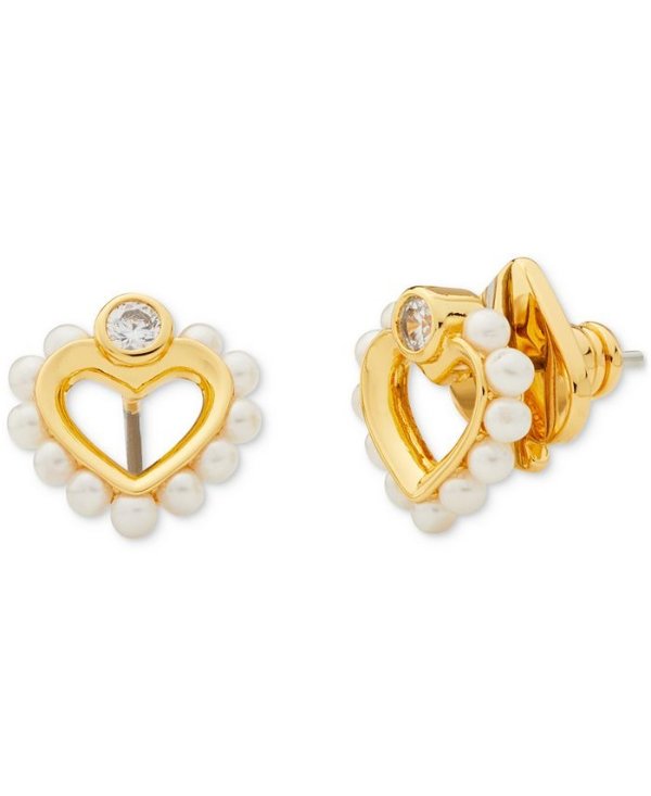 Gold-Tone Imitation Pearl Heart Stud Earrings