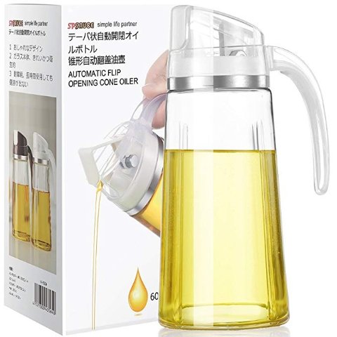 2 Pack Olive Oil Dispenser Bottle with Automatic Flip Lid Dripless Glass Oil Bottle for Kitchen Oil and Vinegar Cruet 12 Ounce Grey and Red