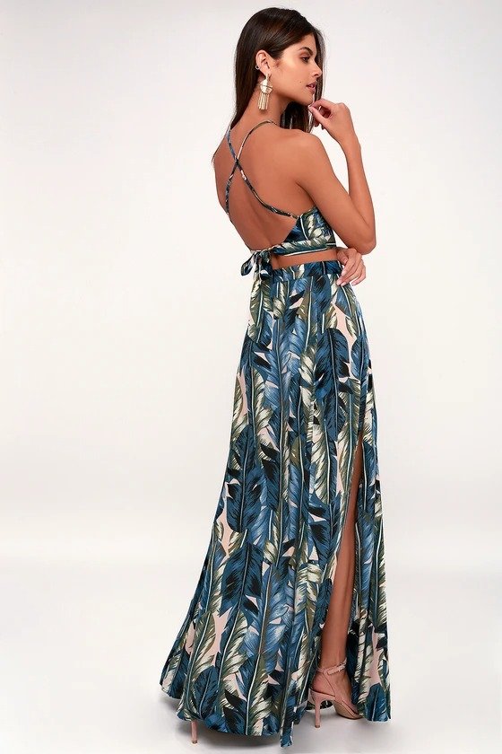 Back to Your Roots Teal Blue Leaf Print Two-Piece Maxi Dress