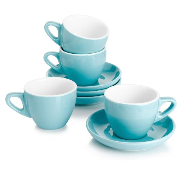 Sweese 401.402 Porcelain Espresso Cups with Saucers - 2 Ounce - Set of 4