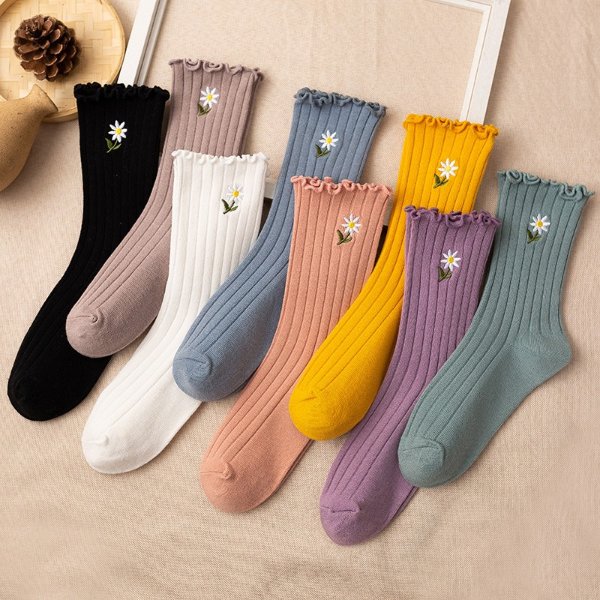 2.66US $ 50% OFF|Women Cotton Socks 2022 New Middle Tube Fashion Solid Color High Quality Cute Breathable Casual Lady Socks Flower Embroidery|Socks| - AliExpress