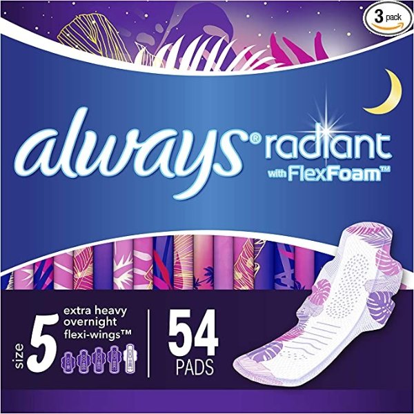 Always Radiant Feminine Pads for Women, Size 5, 54 Count, Extra Heavy Overnight, with Wings, Scented (18 Count, Pack of 3 - 54 Count Total)