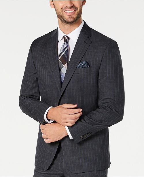 Men's Classic-Fit UltraFlex Stretch Charcoal/Blue Stripe Suit Jacket