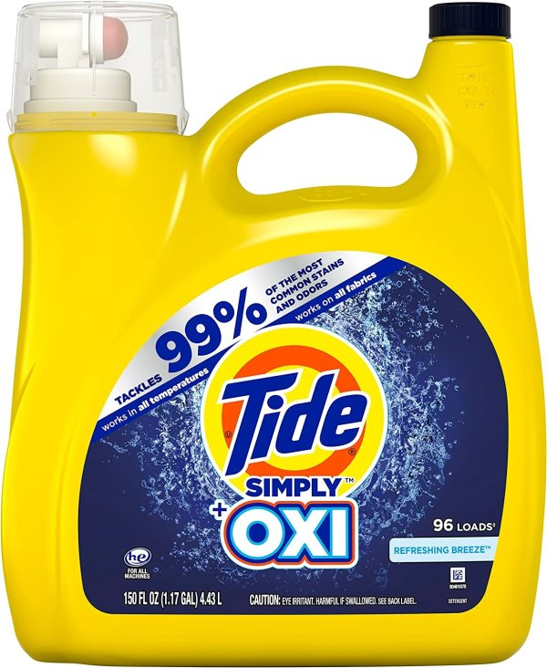 Simply + Oxi Liquid Laundry Detergent, Refreshing Breeze, 96 Loads, 150 Fl Oz