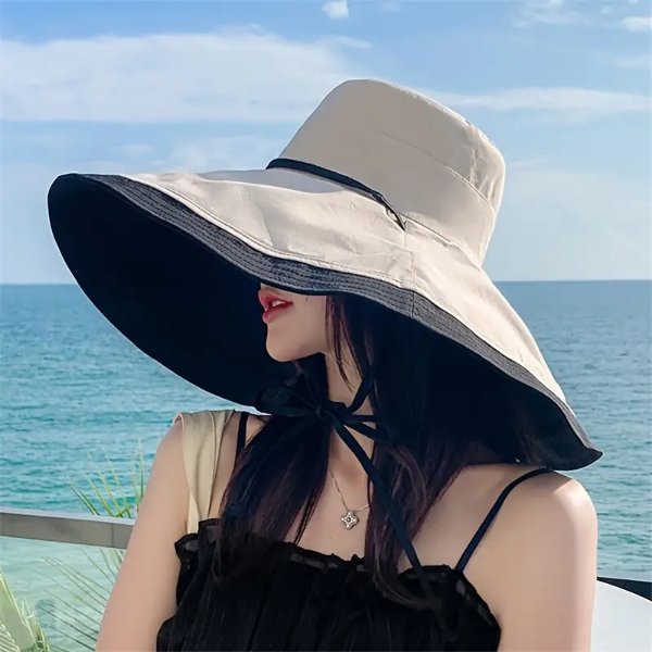 Solid Color Wide Brim Hats For Women Summer UV Protection Sun Hats Reversible Sunscreen Travel Beach Cap