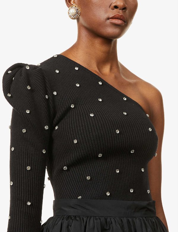 Rhinestone-embellished cotton-blend knitted top